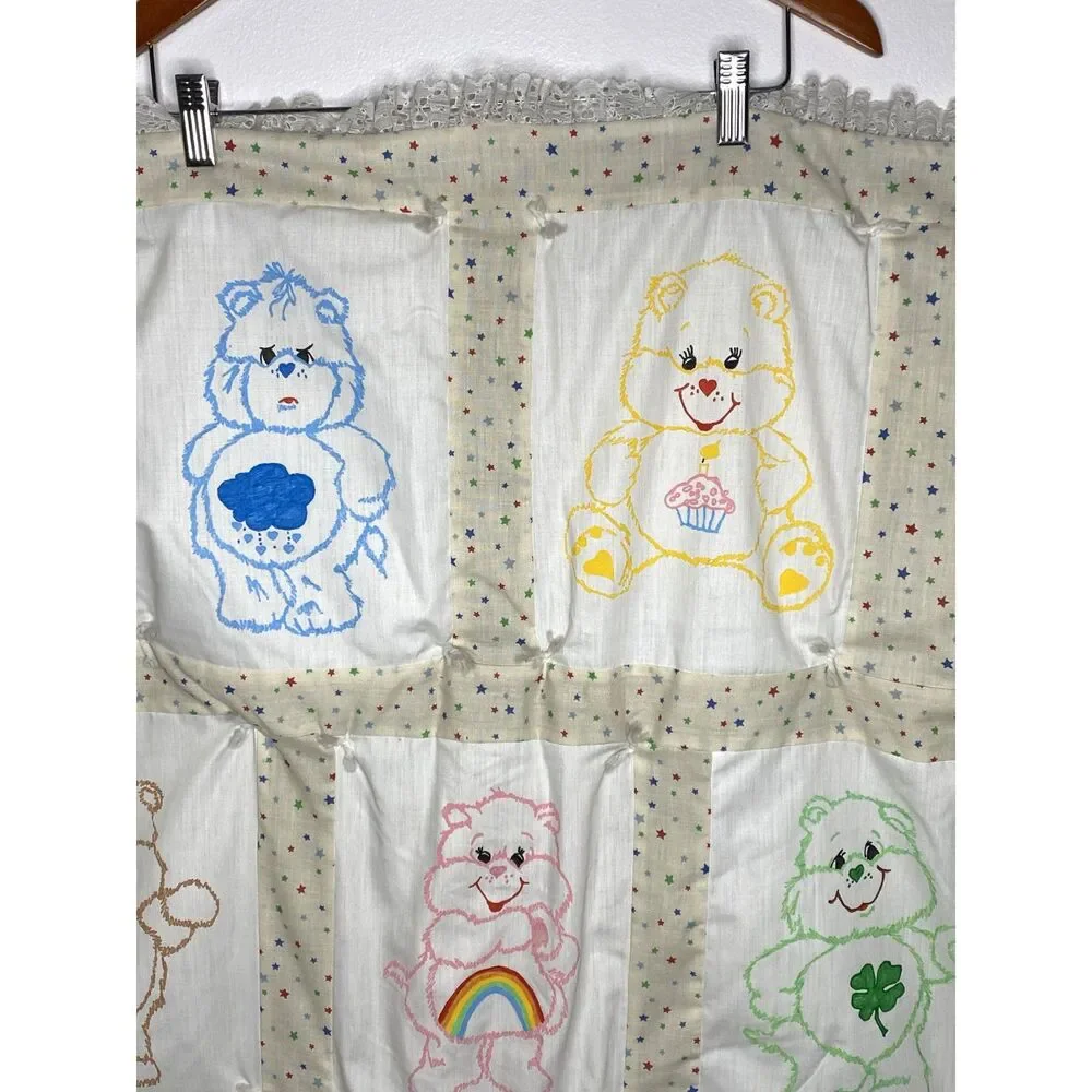 VTG Handmade Off White Care Bear Lace Quilt Blanket Double Sided Kids 29